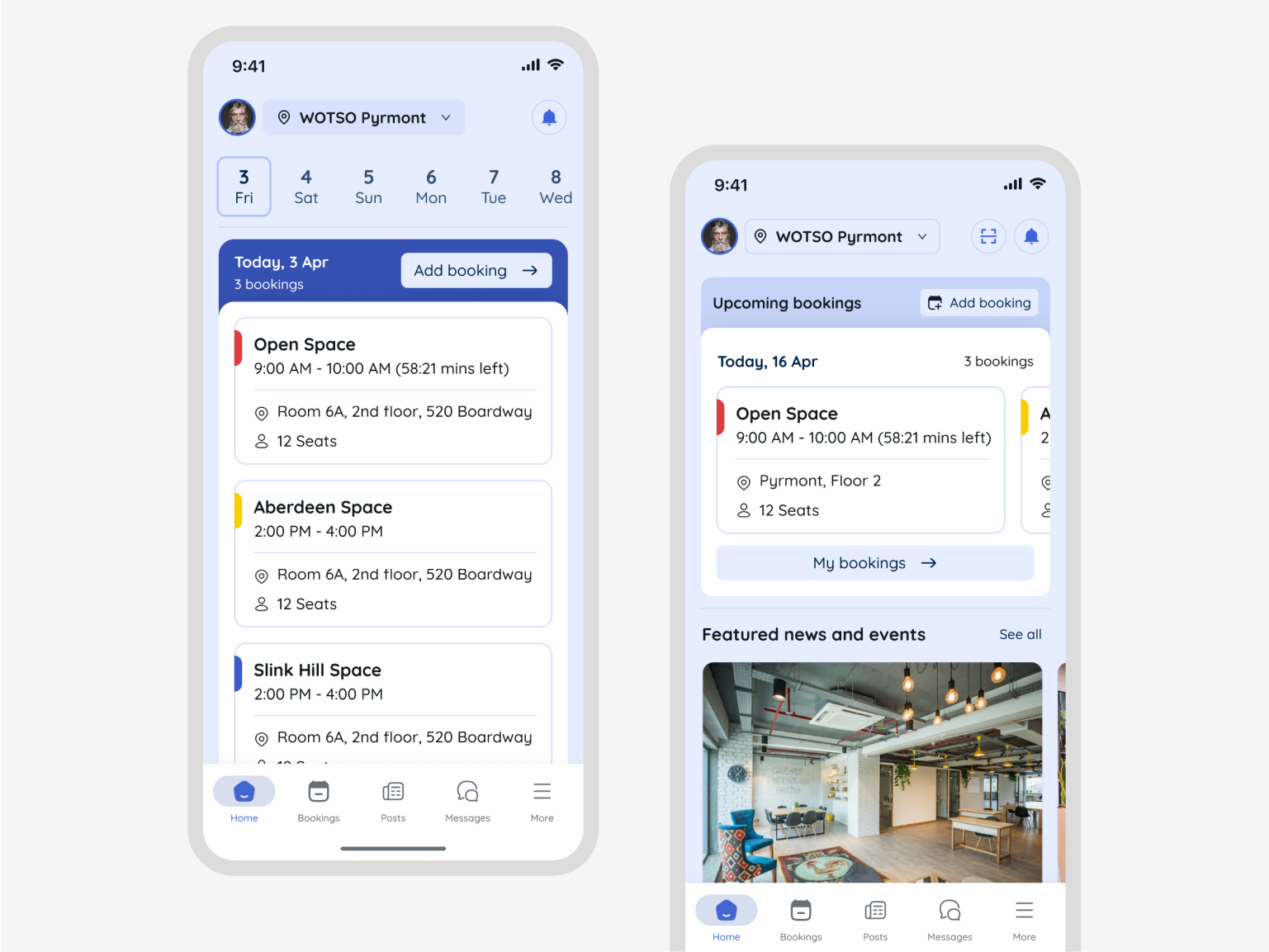 Mobile dashboard displaying upcoming bookings and workspace overview