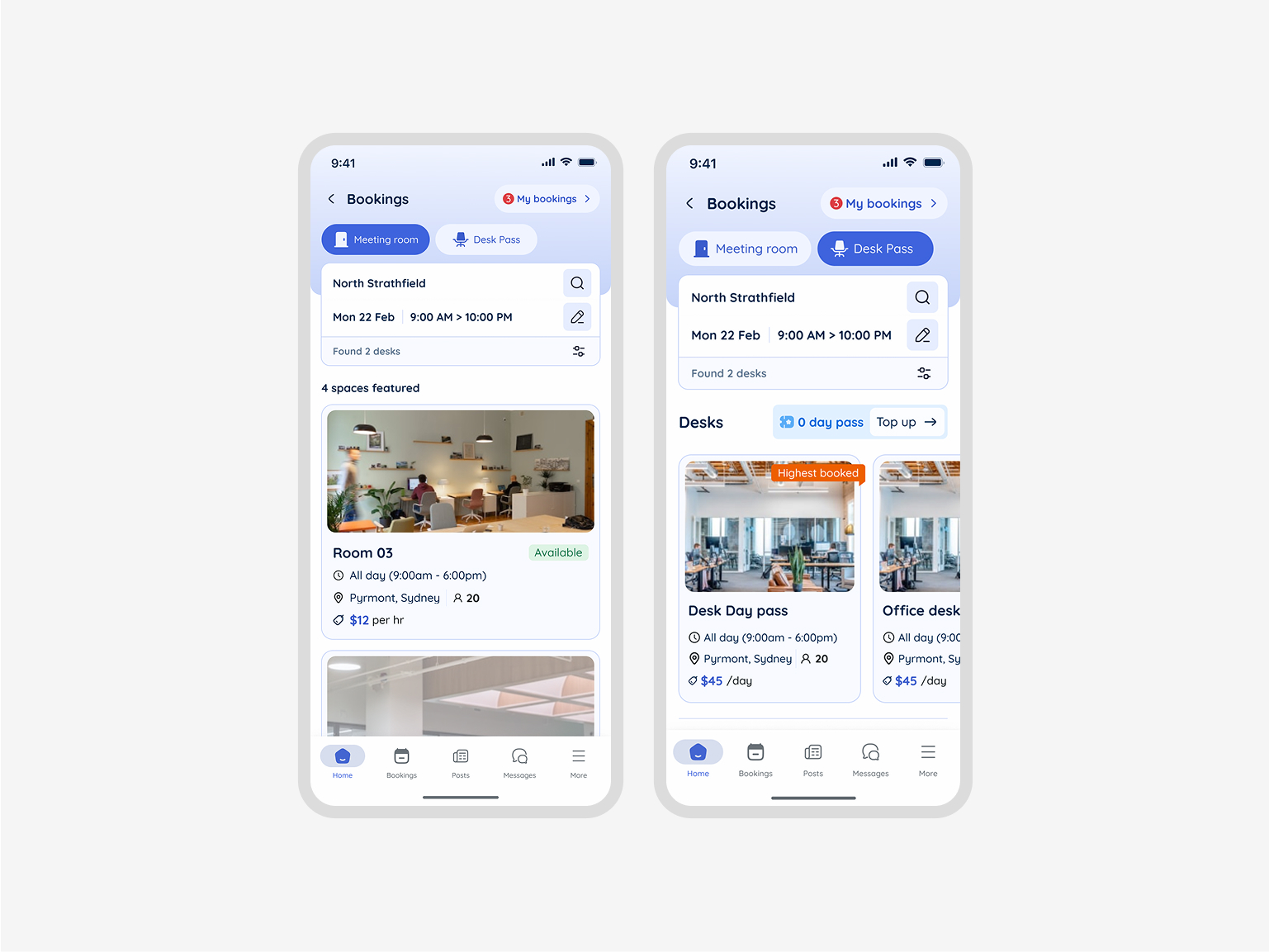 Space selection screen showing available desks and meeting rooms