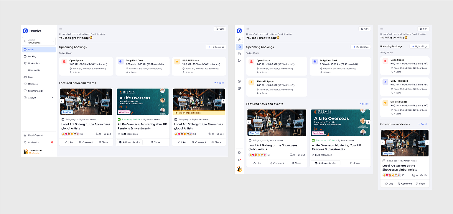 Responsive dashboard showing bookings and news across breakpoints