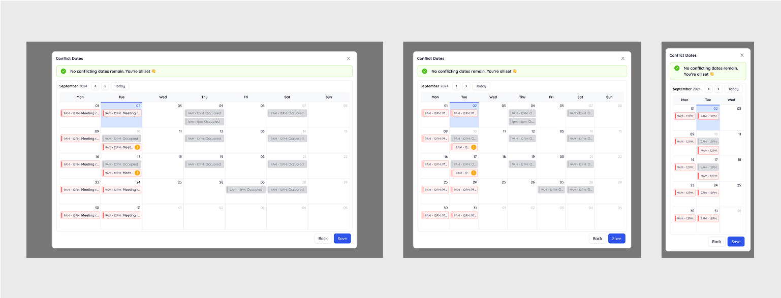 Responsive conflict calendar modal optimized for multiple screens