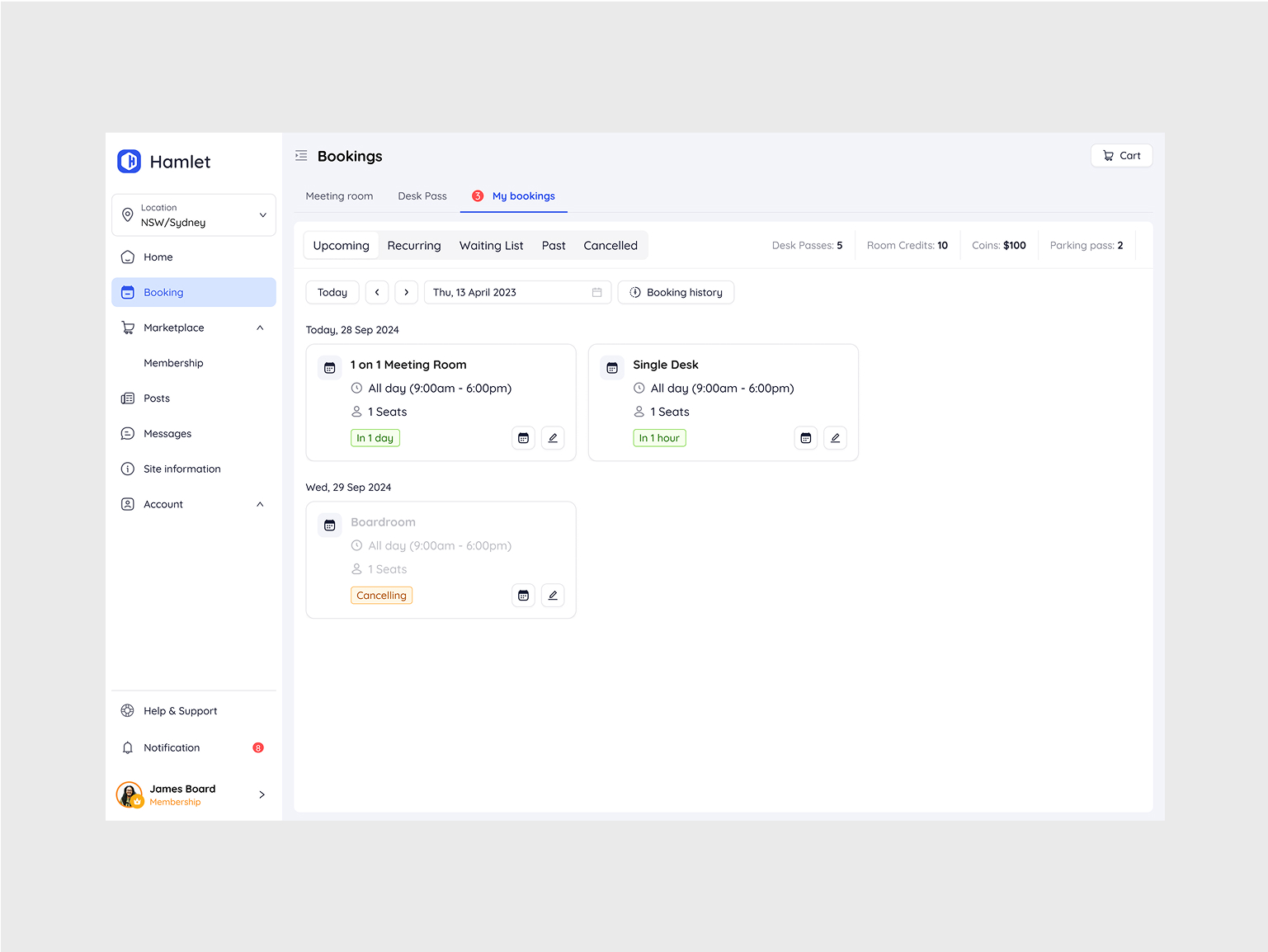 Member portal listing upcoming bookings with resource cards
