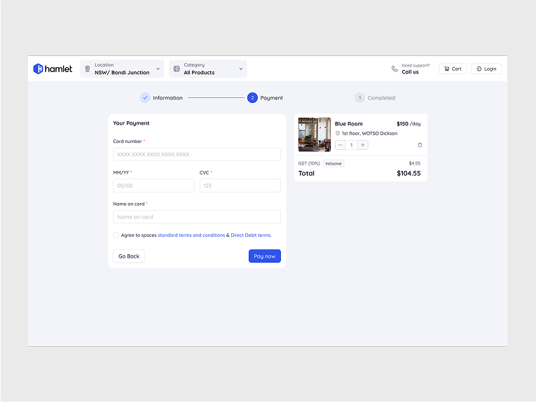 Checkout payment form capturing card details for workspace booking
