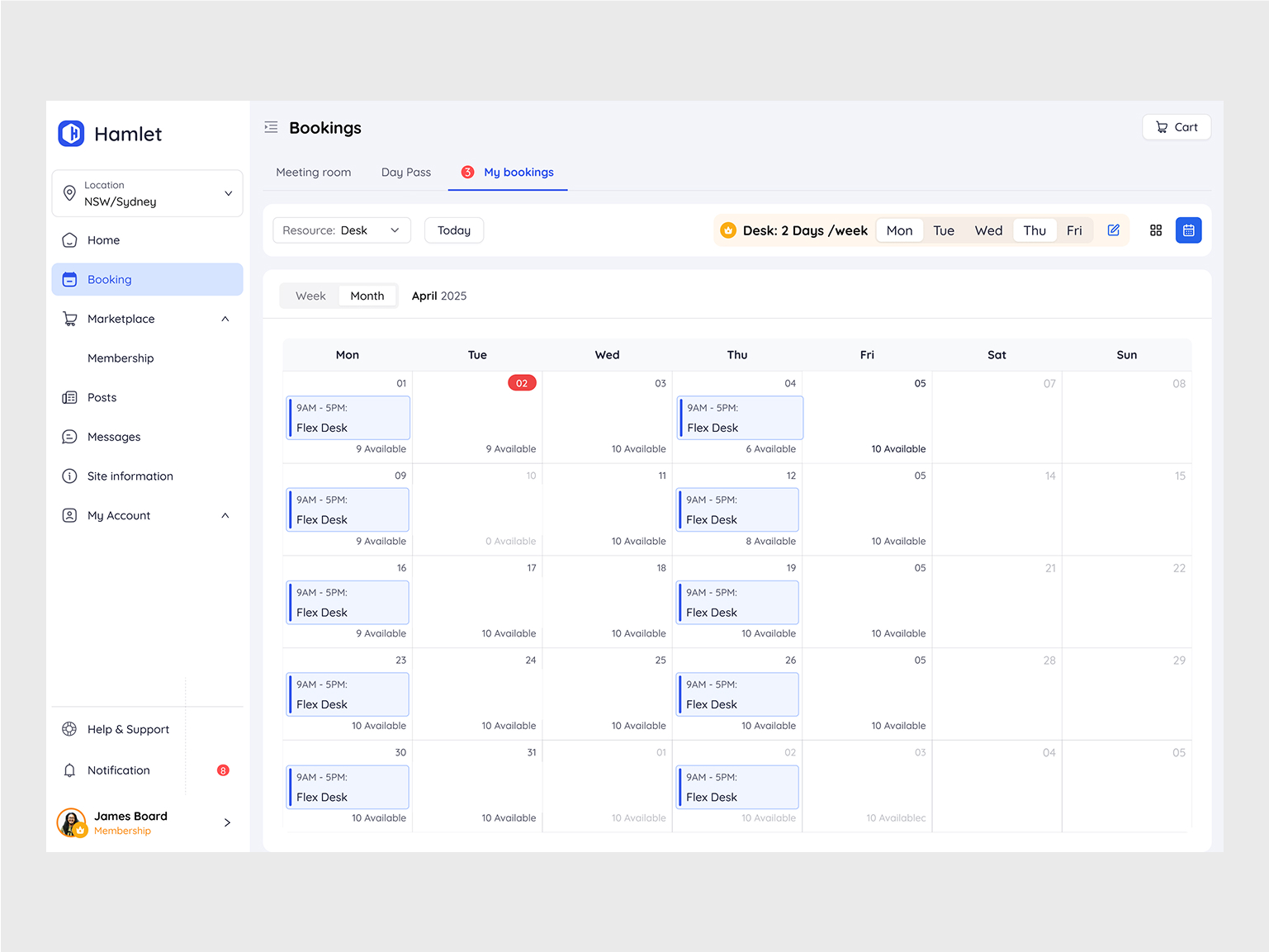 Monthly calendar view showing recurring flex desk reservations