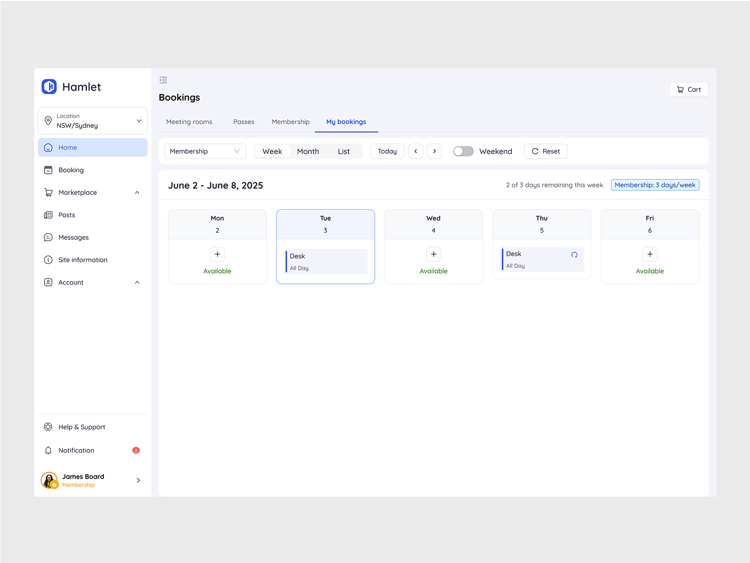 Membership booking calendar showing scheduled desk reservations