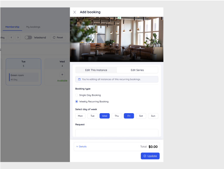 Edit entire recurring booking series with weekday selections