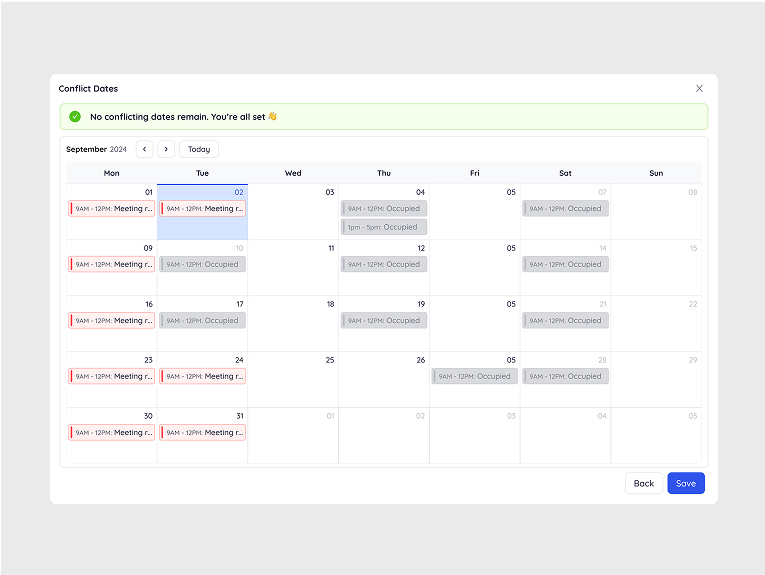 Conflict resolution calendar showing cleared conflicts and success banner