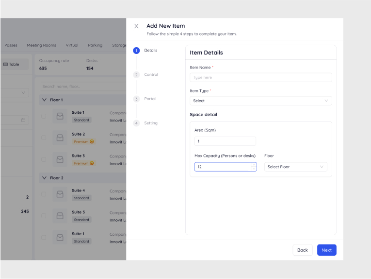 Add new item wizard step emphasizing floor selection and capacity fields