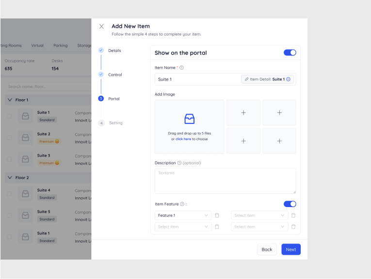 Add new item wizard portal step with image upload and item features toggles