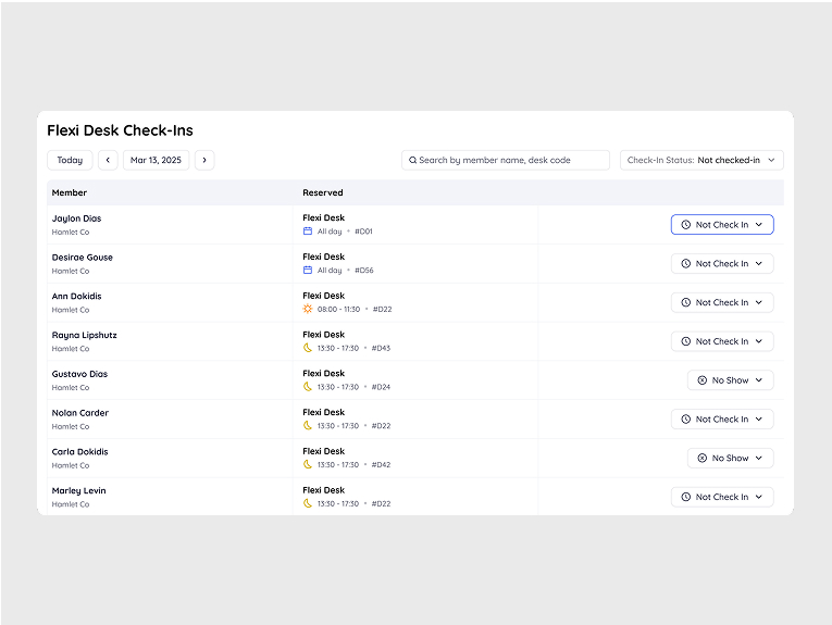 Flexi desk check-in table with status actions for each member