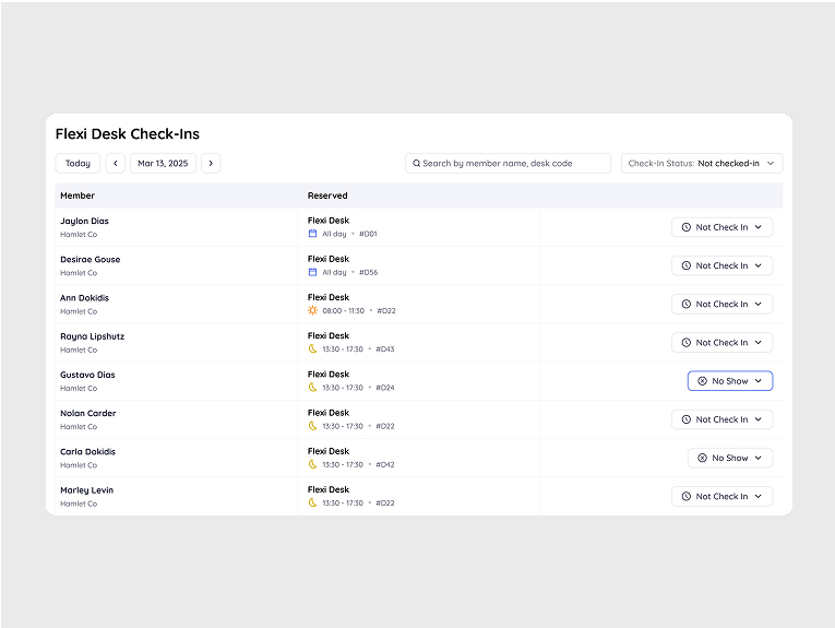 Flexi desk check-in table with no-show status selected for one member